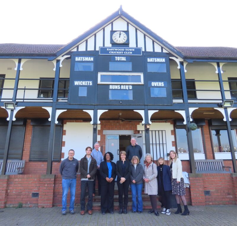 Eastwood residents with Juliet Campbell MP, Minister Emma Hardy and Cllr Will Mee outside the Eastwood Town Cricket Club.